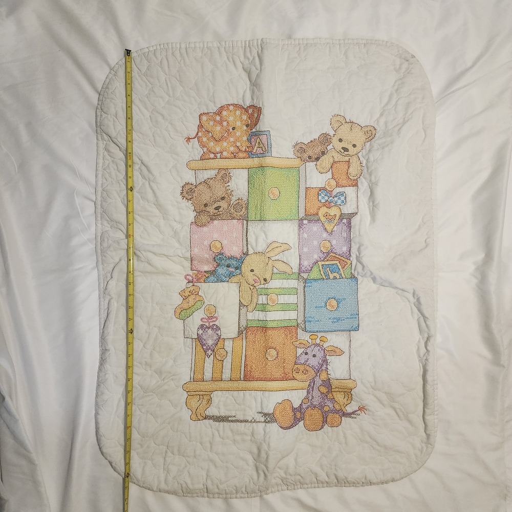 Vintage cross-stitch baby blanket. Fleece Lined. Animals. Elephant, Lion, Yellow